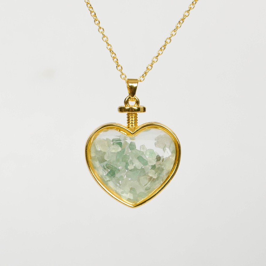 Crystal Chips In Heart Glass Pendant Necklace